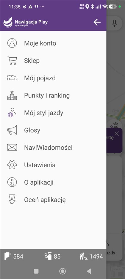 Menu aplikacji Nawigacja Play z pozycją Punkty i ranking